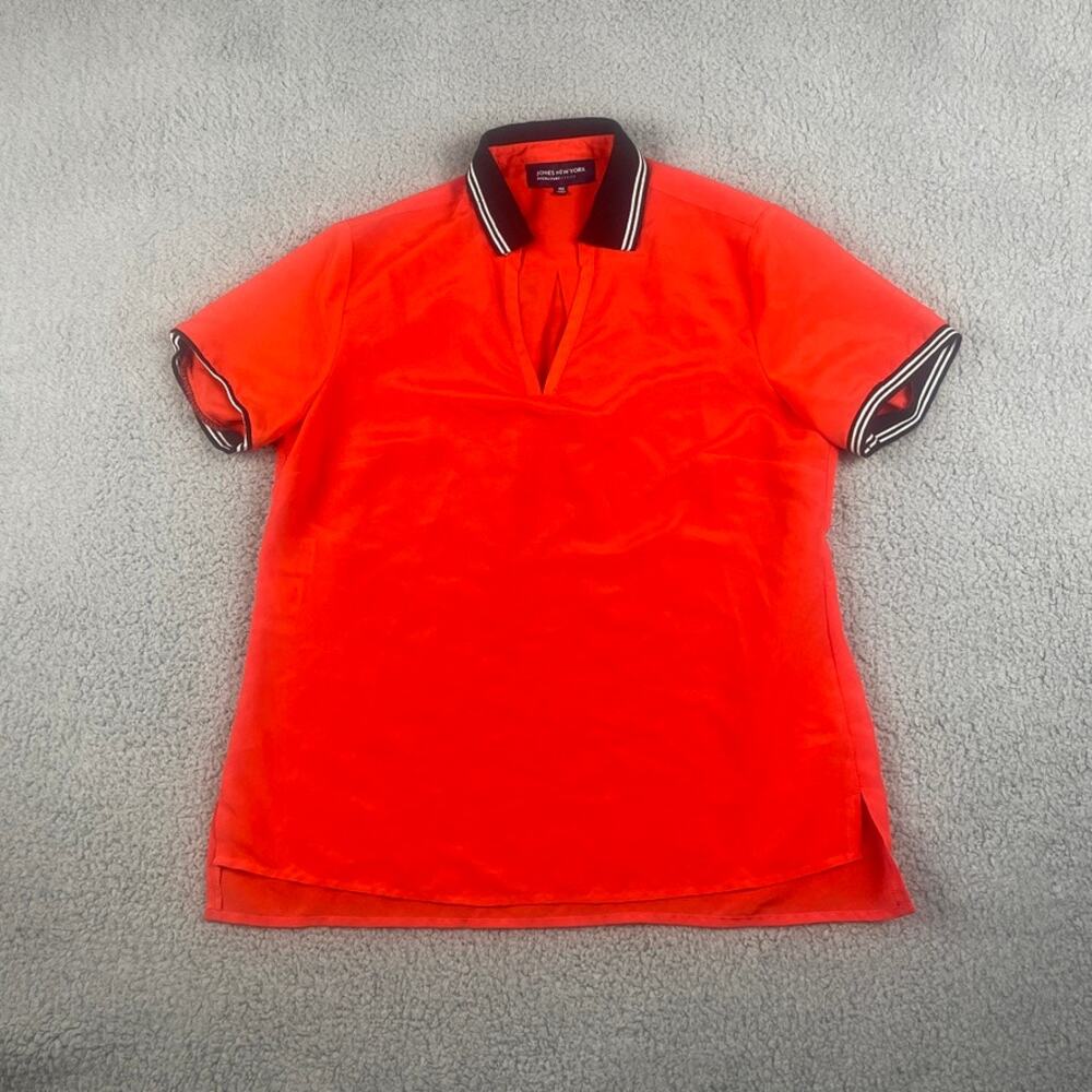 Jones New York Women's Petite Medium Red Polyester Short Sleeve Collared Blouse